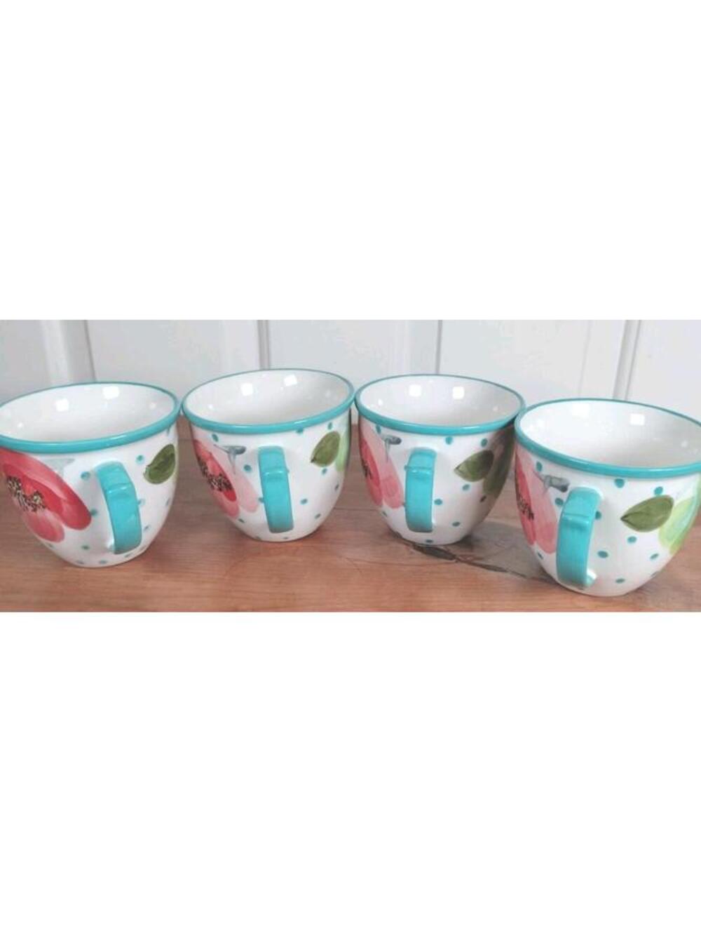 The Pioneer Woman Heritage Floral Mugs Set of 4 Stoneware Teal Polka Dot 18oz - Picture 5 of 7